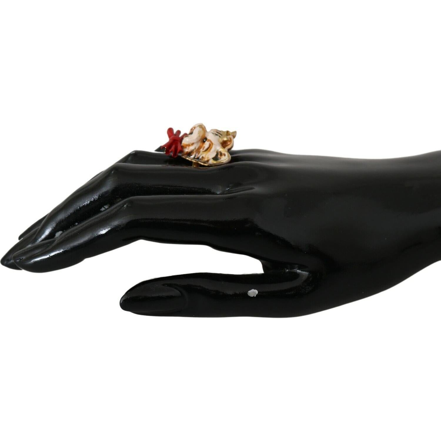 Dolce & Gabbana Beige Dog Pet Branded Accessory Gold Brass Resin Ring