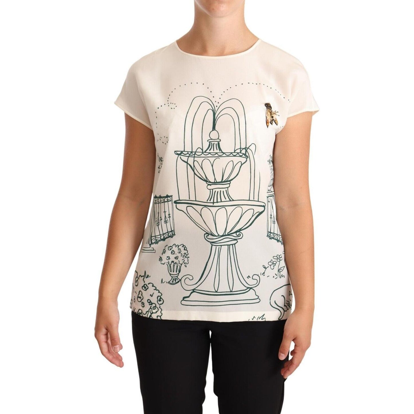 Dolce & Gabbana Elegant Silk Botanical Garden Fountain Tee Blouse Top Dolce & Gabbana