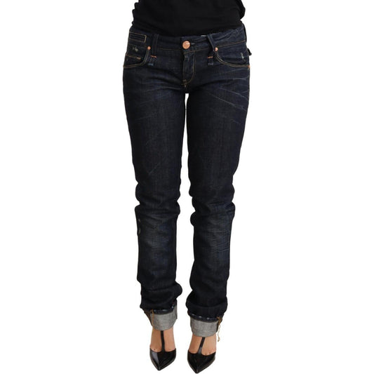 Acht Dark Blue Cotton Slim Fit Folded Hem Women Denim Trouser Jeans Acht