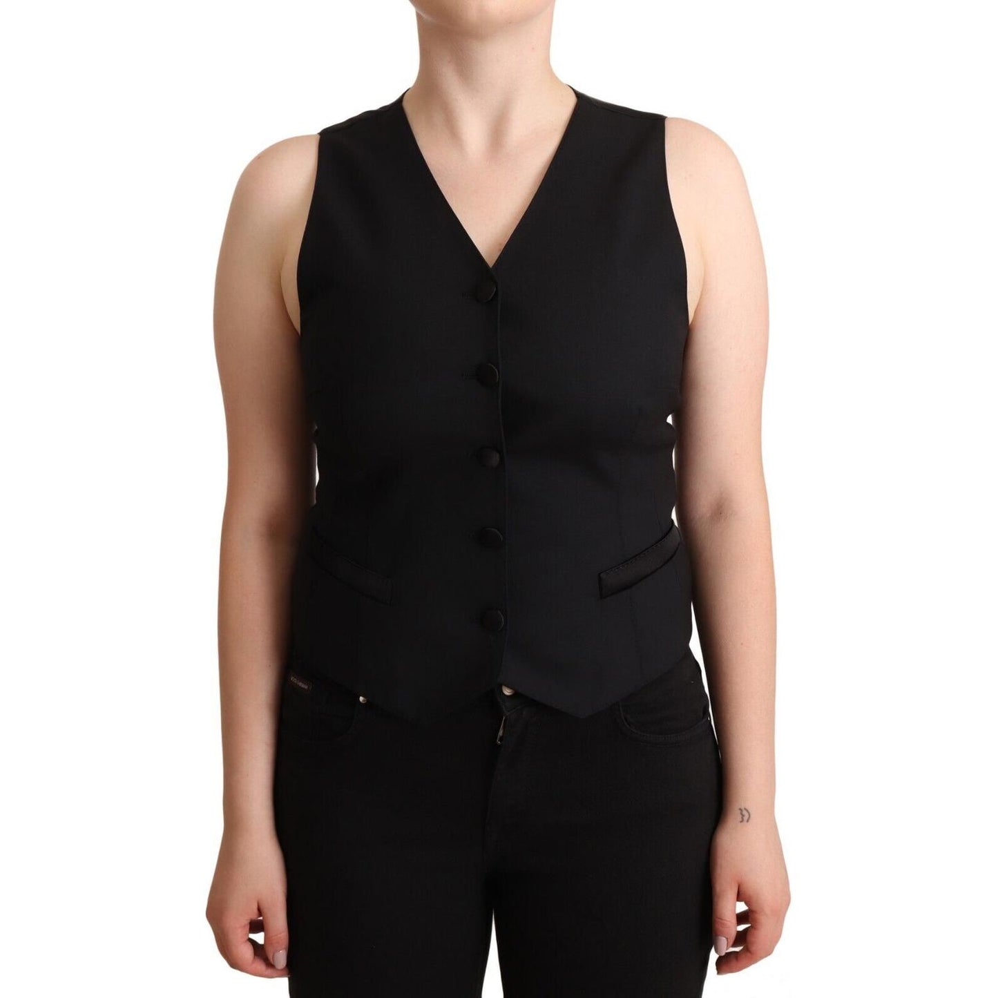 Dolce & Gabbana Black Button Down Sleeveless Viscose Vest Top