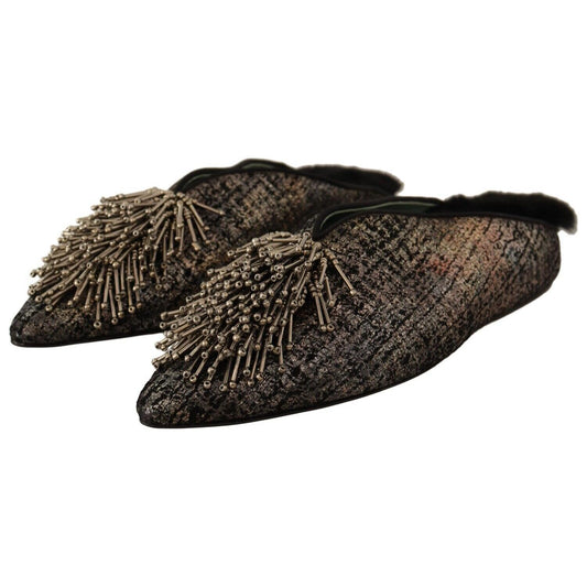 Paola D'Arcano Gold Jacquard Leather Embellished Slip On Shoes 1728,67345645728,EU37/US6.5,Flat Shoes - Women - Shoes,Flats - Shoes,Gold,Material: Leather,Mules - Flats - Shoes,New with tags,Paola D'Arcano,Shoes,Women,Women - Shoes