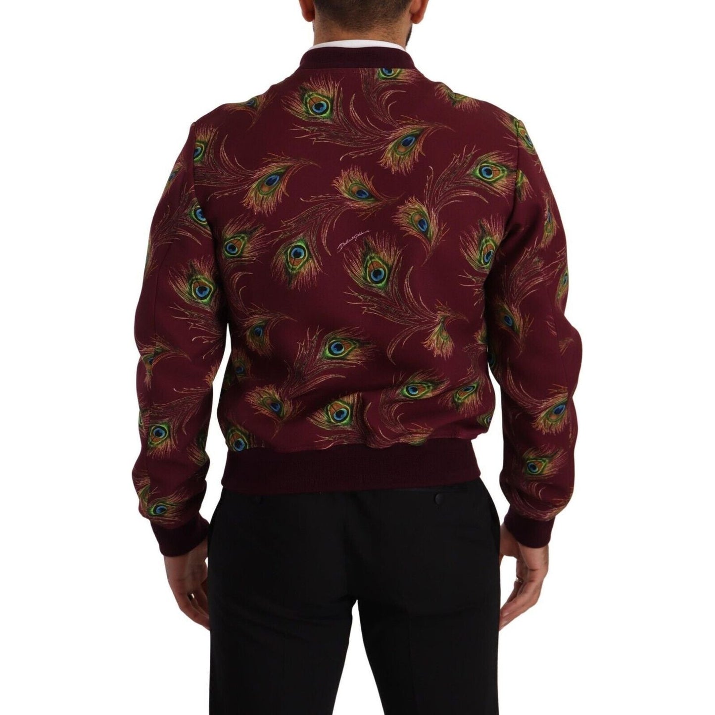 Dolce & Gabbana Red Peacock Polyester Stretch Full Zip Jacket 1728,4% Elastane,67345645728,Bombers - Jackets & Coats - Clothing,Clothing,Dolce & Gabbana,IT48 | M,Jackets & Coats - Clothing,Jackets - Men - Clothing,Material: 96% Polyester,Men,Men - Clothin