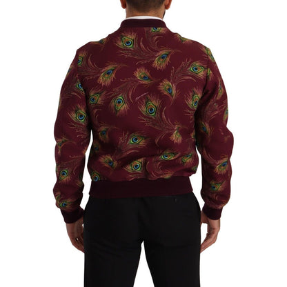 Dolce & Gabbana Red Peacock Polyester Stretch Full Zip Jacket 1728,4% Elastane,67345645728,Bombers - Jackets & Coats - Clothing,Clothing,Dolce & Gabbana,IT48 | M,Jackets & Coats - Clothing,Jackets - Men - Clothing,Material: 96% Polyester,Men,Men - Clothin