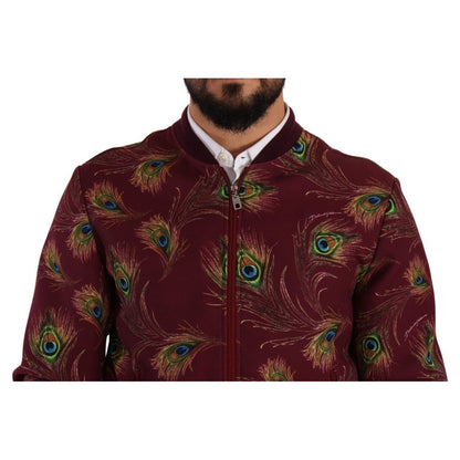 Dolce & Gabbana Red Peacock Polyester Stretch Full Zip Jacket 1728,4% Elastane,67345645728,Bombers - Jackets & Coats - Clothing,Clothing,Dolce & Gabbana,IT48 | M,Jackets & Coats - Clothing,Jackets - Men - Clothing,Material: 96% Polyester,Men,Men - Clothin