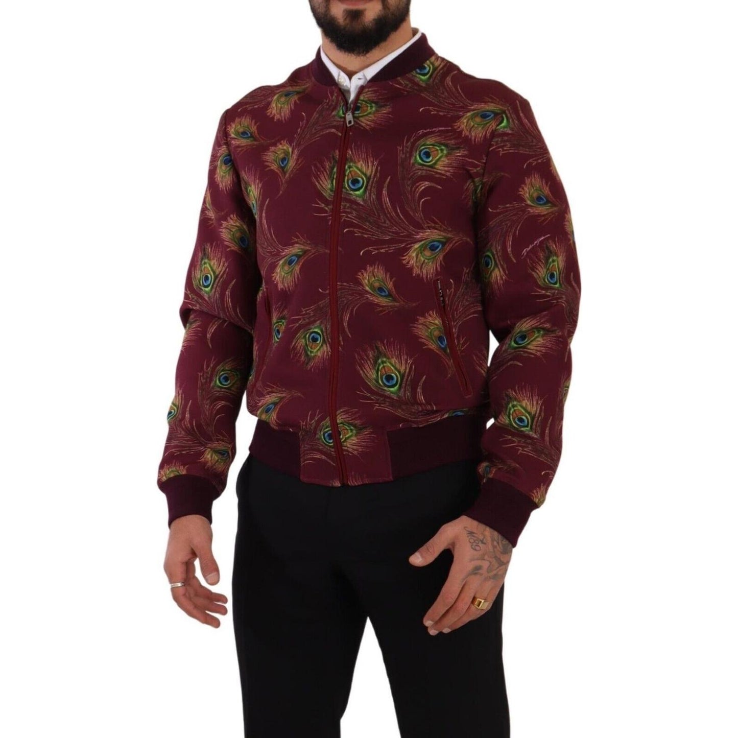Dolce & Gabbana Red Peacock Polyester Stretch Full Zip Jacket 1728,4% Elastane,67345645728,Bombers - Jackets & Coats - Clothing,Clothing,Dolce & Gabbana,IT48 | M,Jackets & Coats - Clothing,Jackets - Men - Clothing,Material: 96% Polyester,Men,Men - Clothin