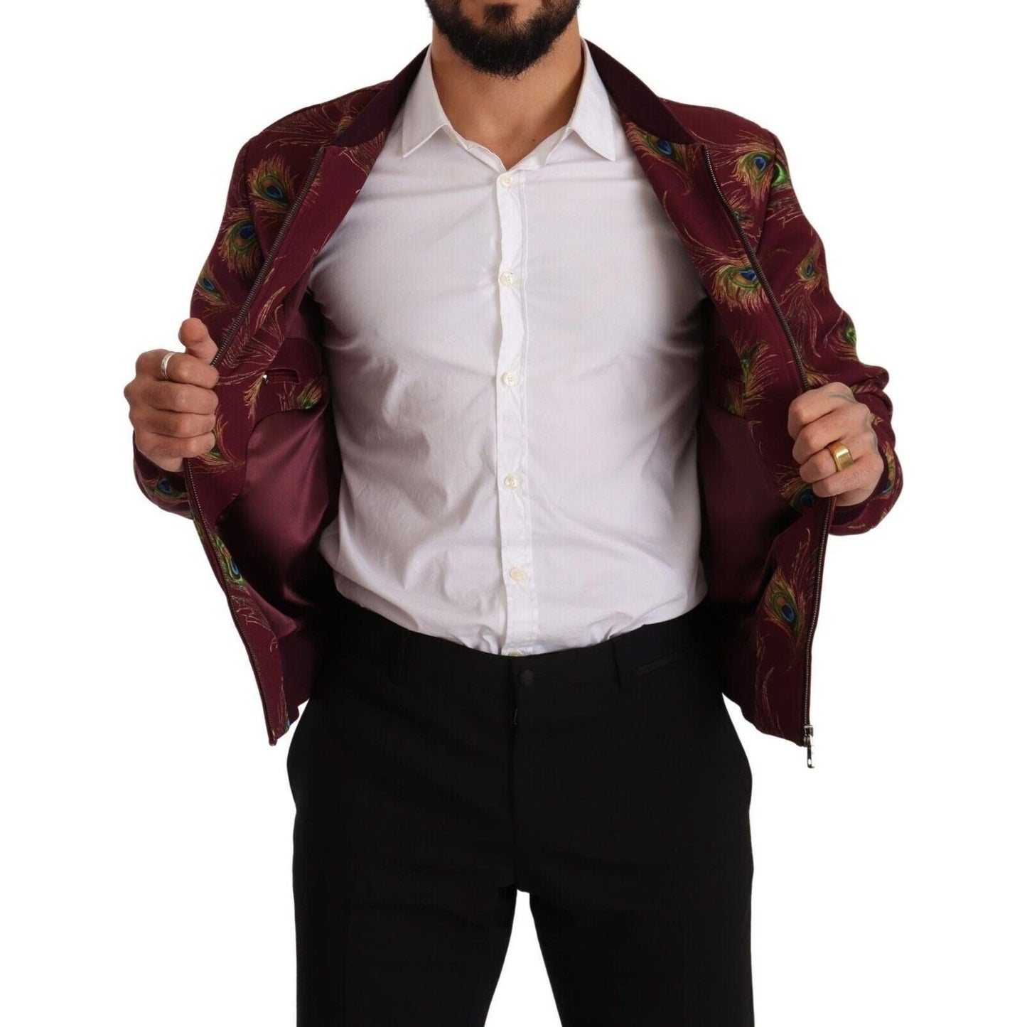 Dolce & Gabbana Red Peacock Polyester Stretch Full Zip Jacket 1728,4% Elastane,67345645728,Bombers - Jackets & Coats - Clothing,Clothing,Dolce & Gabbana,IT48 | M,Jackets & Coats - Clothing,Jackets - Men - Clothing,Material: 96% Polyester,Men,Men - Clothin