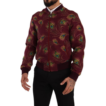 Dolce & Gabbana Red Peacock Polyester Stretch Full Zip Jacket 1728,4% Elastane,67345645728,Bombers - Jackets & Coats - Clothing,Clothing,Dolce & Gabbana,IT48 | M,Jackets & Coats - Clothing,Jackets - Men - Clothing,Material: 96% Polyester,Men,Men - Clothin