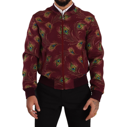 Dolce & Gabbana Red Peacock Polyester Stretch Full Zip Jacket 1728,4% Elastane,67345645728,Bombers - Jackets & Coats - Clothing,Clothing,Dolce & Gabbana,IT48 | M,Jackets & Coats - Clothing,Jackets - Men - Clothing,Material: 96% Polyester,Men,Men - Clothin