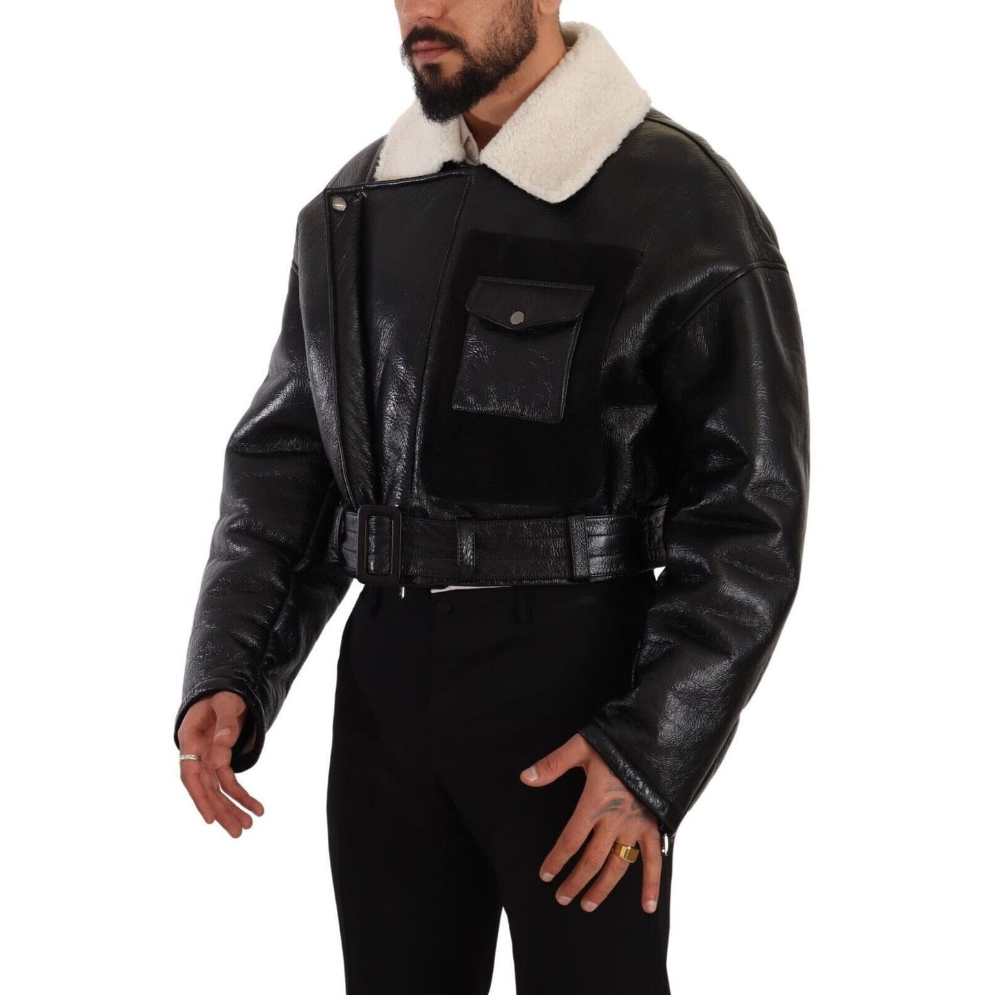 Dolce & Gabbana Black Leather Shearling Biker Coat Jacket 1728,67345645728,Biker Jackets - Jackets & Coats - Clothing,Black,Clothing,Coats - Jackets & Coats - Clothing,Dolce & Gabbana,IT48 | M,Jackets & Coats - Clothing,Jackets - Men - Clothing,Leather Ja
