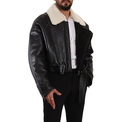 Dolce & Gabbana Black Leather Shearling Biker Coat Jacket 1728,67345645728,Biker Jackets - Jackets & Coats - Clothing,Black,Clothing,Coats - Jackets & Coats - Clothing,Dolce & Gabbana,IT48 | M,Jackets & Coats - Clothing,Jackets - Men - Clothing,Leather Ja