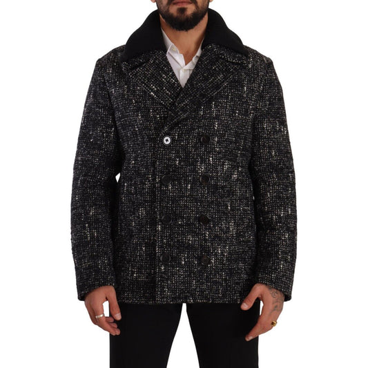 Dolce & Gabbana Black Wool Double Breasted Coat Men Jacket 12% Nylon,1728,36% Alpaca,67345645728,Black and Gray,Clothing,Dolce & Gabbana,IT48 | M,Jackets & Coats - Clothing,Jackets - Men - Clothing,Material: 52% Wool,Men,Men - Clothing,New with tags,Trenc