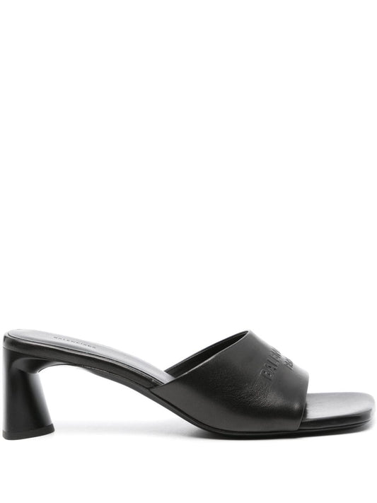 Balenciaga black leather embossed logo Sandals Sandals Balenciaga