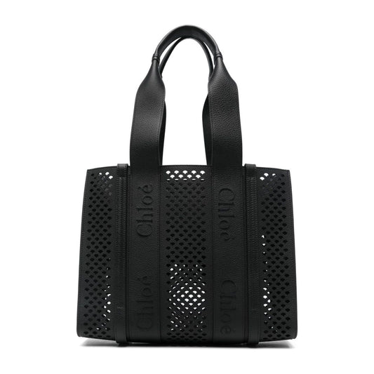 Chloè Woody Perforated Leather Tote Bag in Black Shopper Chloè Black