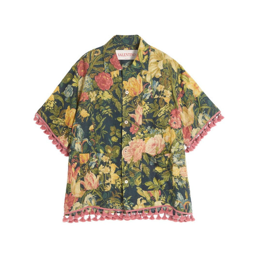 Valentino linen blend bowling shirt with Apres l'hiver print Shirts Valentino Dim Gray