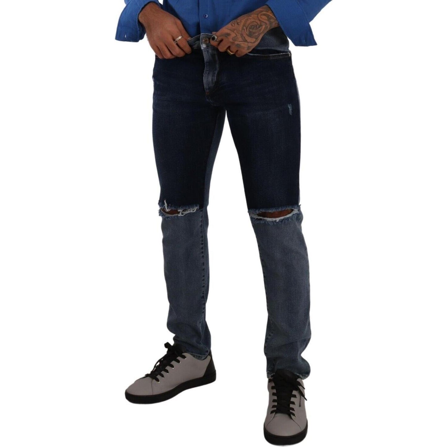 Dolce & Gabbana Blue Two Tone Tattered Cotton Slim Denim Jeans