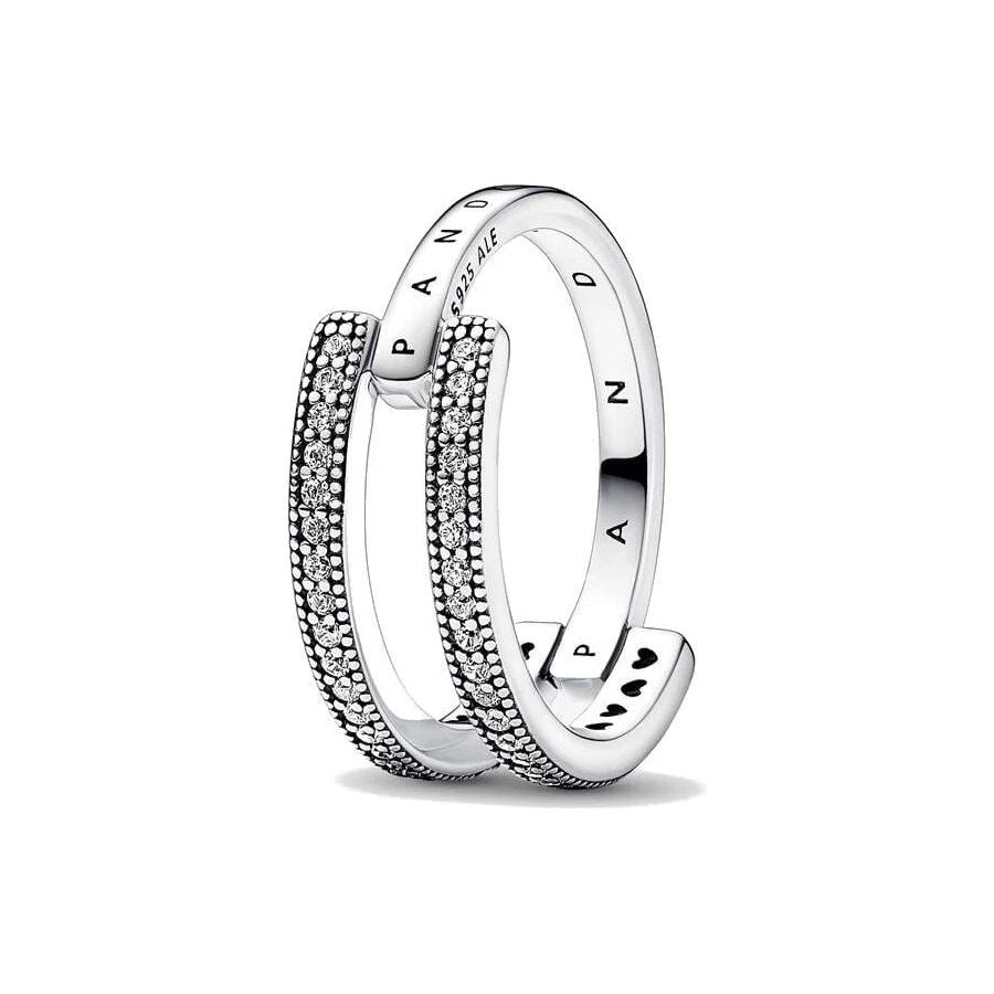 PANDORA JEWELS Mod. SIGNATURE LOGO & PAVE DOUBLE BAND - RING - Size 54