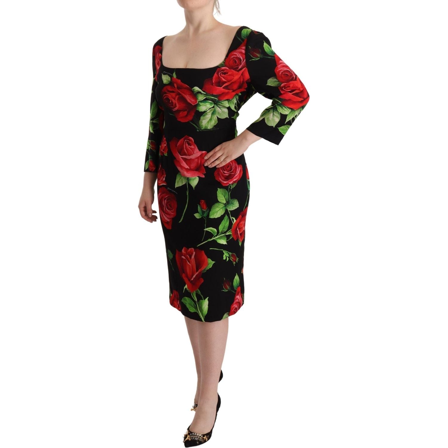 Dolce & Gabbana Black Red Roses Sheath Stretch Silk Dress
