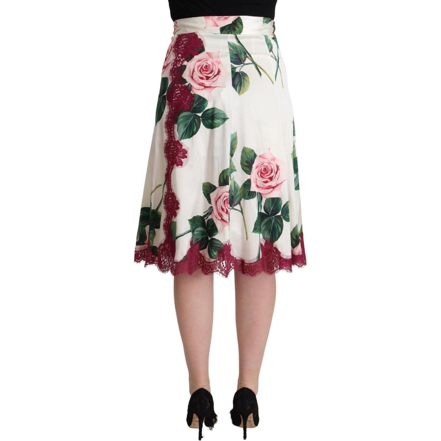 Dolce & Gabbana White Rose Print High Waist Midi A-line Skirt