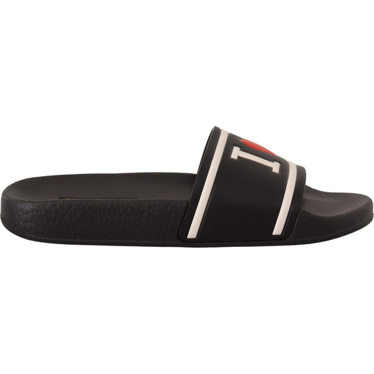 Dolce & Gabbana Black Leather I Love D&G Slides Sandals 1728,67345645728,Black,Dolce & Gabbana,EU35/US4.5,Flats - Shoes,Material: 100% Leather top,New with tags,rest rubber,Sandals - Shoes,Sandals - Women - Shoes,Shoes,Slides - Flats - Shoes,Women,Women -