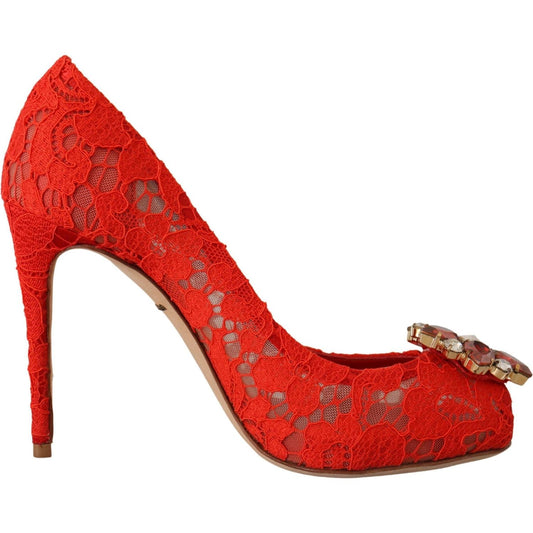 Dolce & Gabbana Red Taormina Lace Crystal Heels Pumps 1728,67345645728,Dolce & Gabbana,EU35/US4.5,High Heel - Pumps - Shoes,Material: 36% Cotton 5% Nylon 2% Silk 57% Rayon,New with tags,Pumps - Shoes,Pumps - Women - Shoes,Red,Shoes,Women,Women - Shoes