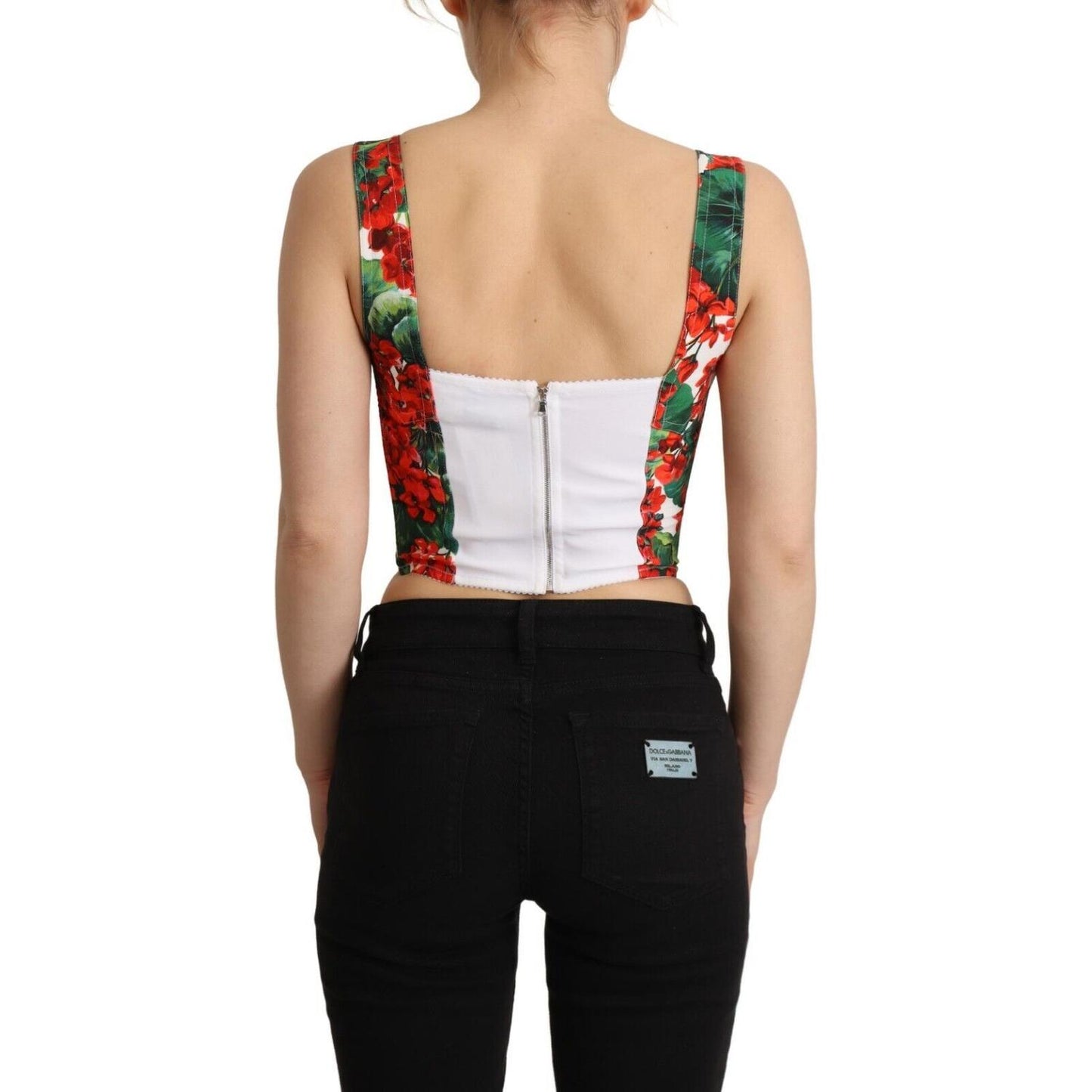 Dolce & Gabbana Red Geranium Print Viscose Sweetheart Cropped Top