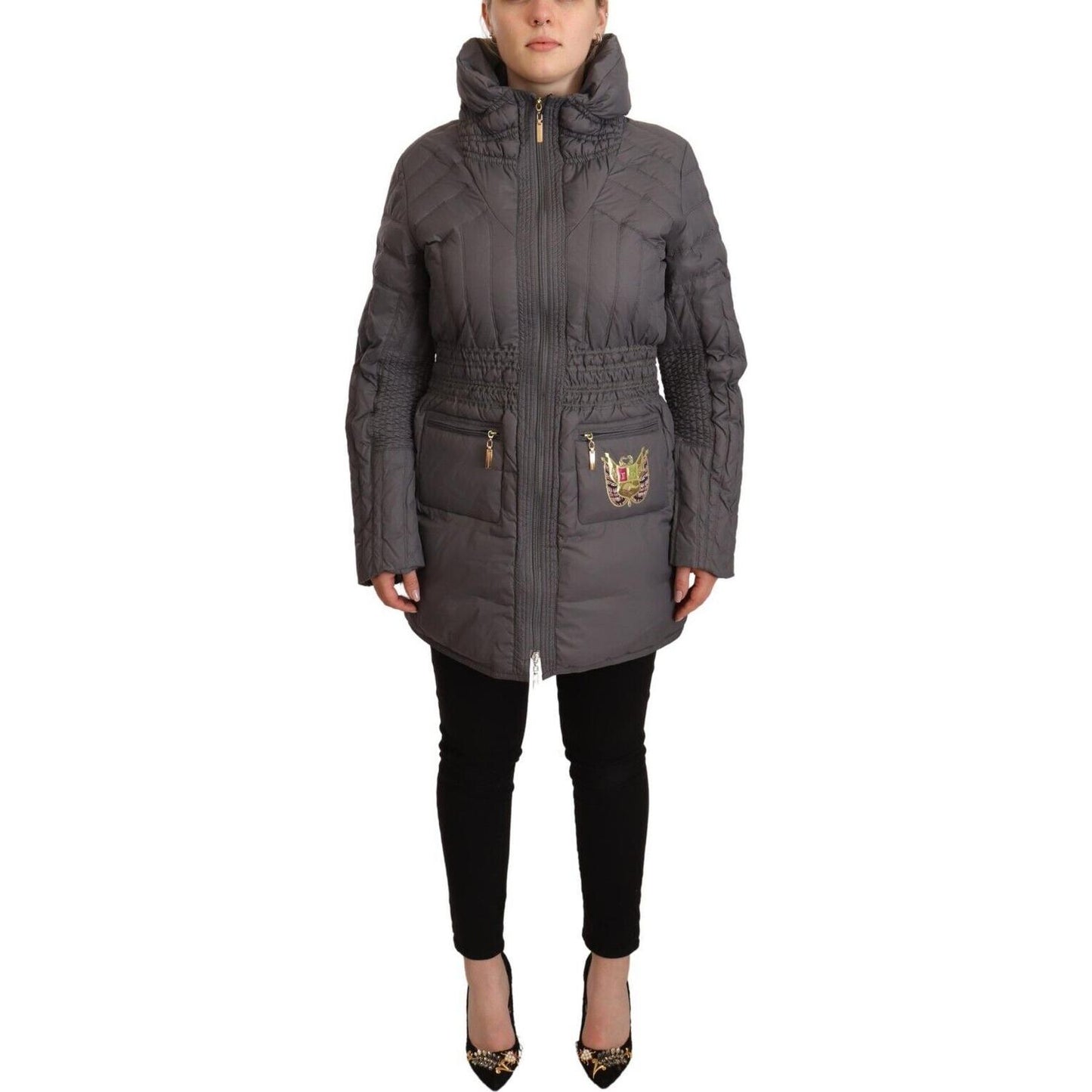 Roccobarocco Gray Quilted Long Sleeves Logo Patch Full Zip Jacket 1728,67345645728,Clothing,Gray,IT46|XL,Jackets & Coats - Clothing,Jackets & Coats - Women - Clothing,Material: Polyester,New with tags,Rain Coats - Jackets & Coats - Clothing,Roccobarocco,W