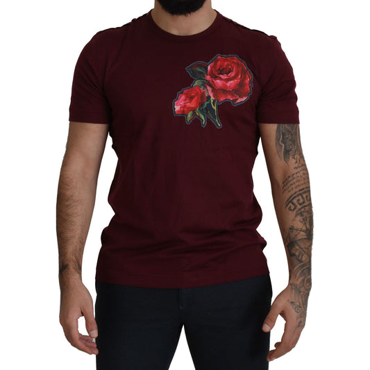 Dolce & Gabbana Elegant Bordeaux Roses Motif Crewneck Tee Dolce & Gabbana