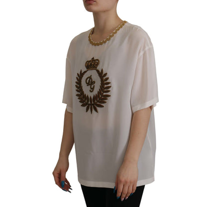 Dolce & Gabbana White Silk Gold DG Crown Crystal Blouse Top