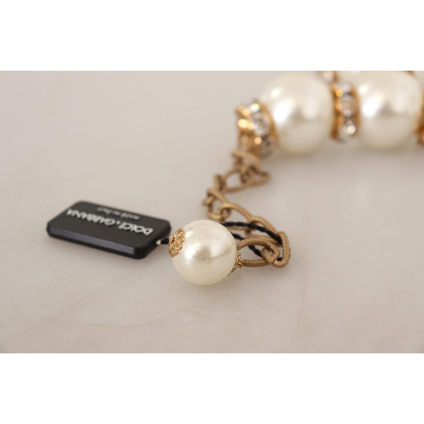 Dolce & Gabbana Elegant Faux Pearl Charm Necklace with Crystal Accents Necklace Dolce & Gabbana