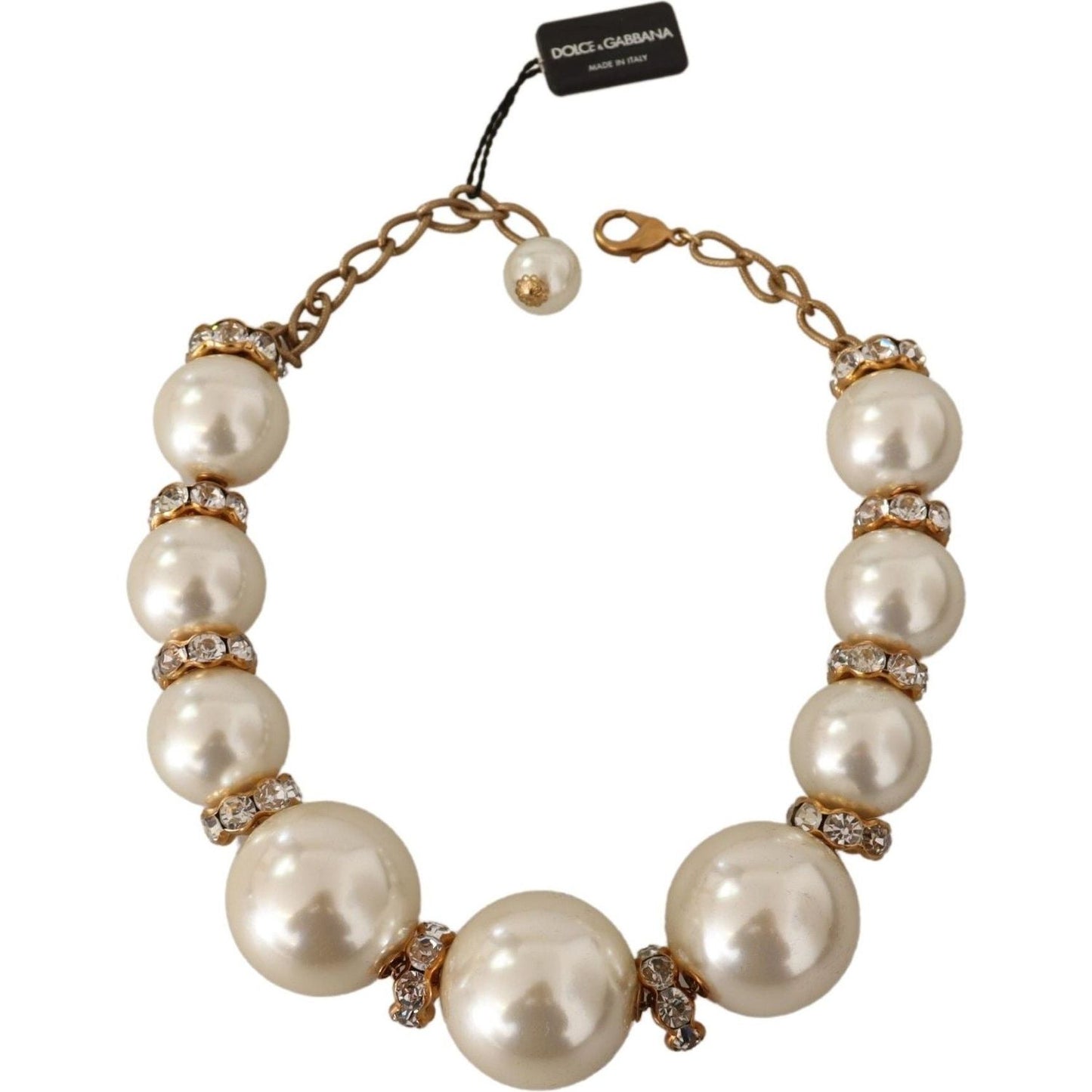 Dolce & Gabbana Elegant Faux Pearl Charm Necklace with Crystal Accents Necklace Dolce & Gabbana