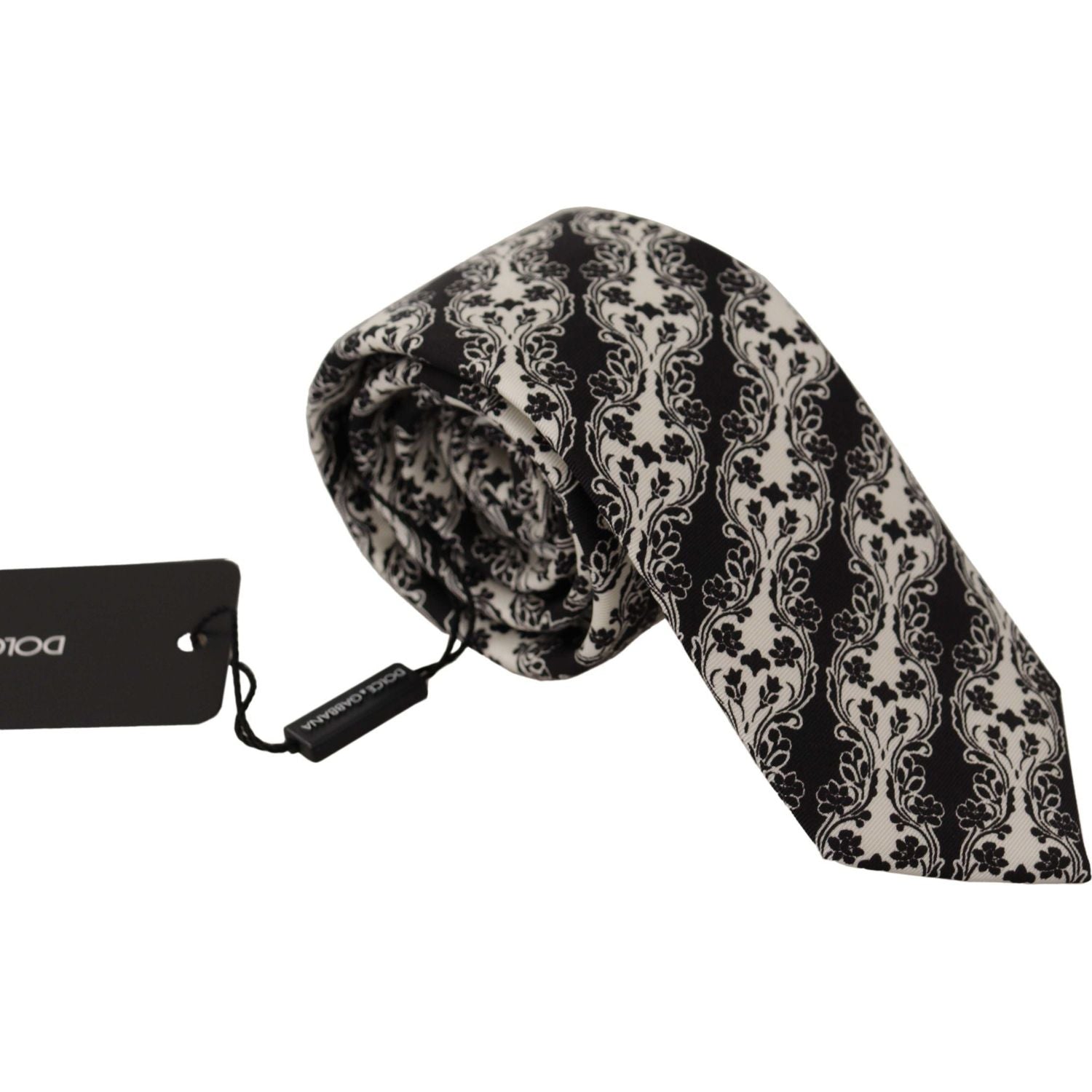 Dolce & Gabbana Black White Flower 100% Silk Print Adjustable Accessory Tie