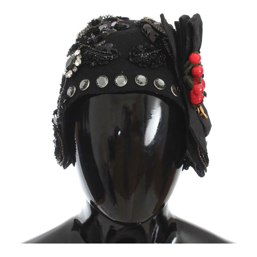 Dolce & Gabbana Elegant Black Crystal-Adorned Cloche Hat Cap Dolce & Gabbana