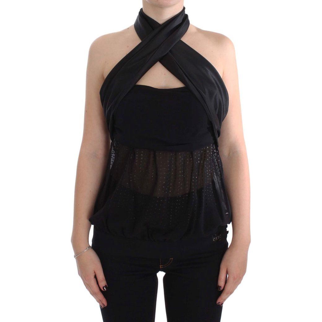 Exte Elegant Black Evening Wrap Top Blouse Exte