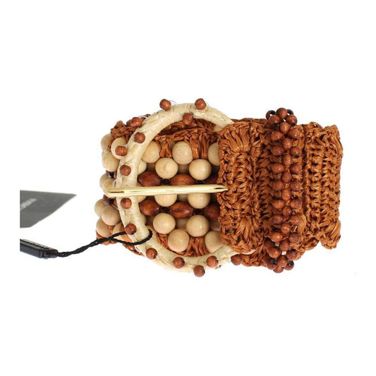 Dolce & Gabbana Brown Raffia Wood Beaded Wide Waist Belt