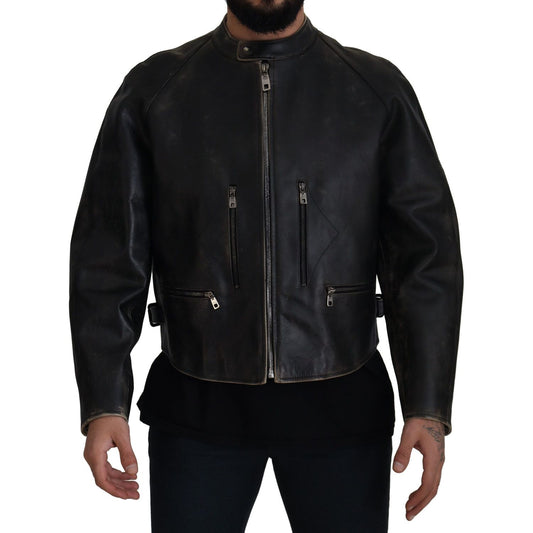 Elegant Black Leather Jacket with Silver Details