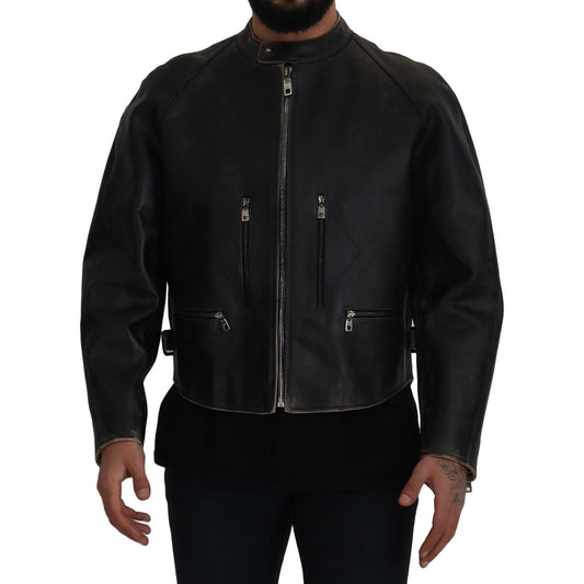 Elegant Black Leather Jacket with Silver Details