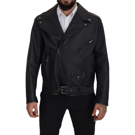 Dolce & Gabbana Black Leather Biker Coat Zipper Jacket