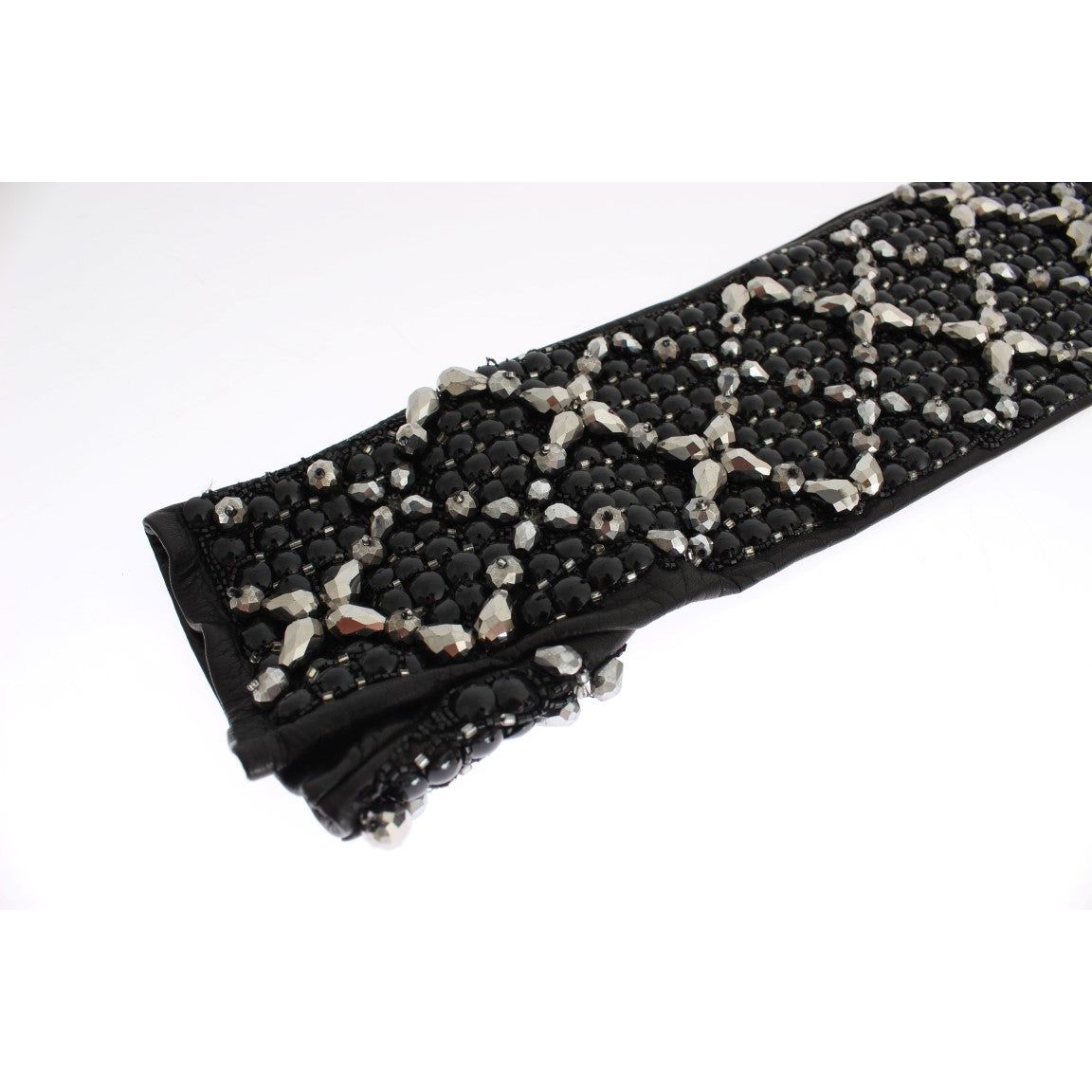 Elegant Black Crystal Beaded Leather Gloves