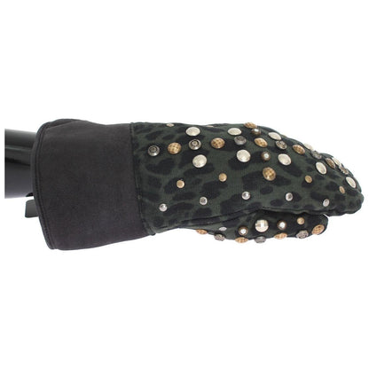 Dolce & Gabbana Gray Wool Shearling Studded Green Leopard Gloves 1728,67345645728,9|M,Accessories,Canvas cotton,Dolce & Gabbana,Gloves - Accessories,Gloves - Men - Accessories,Gray,Material: Wool Merino Shearling,Men,Men - Accessories,New with tags