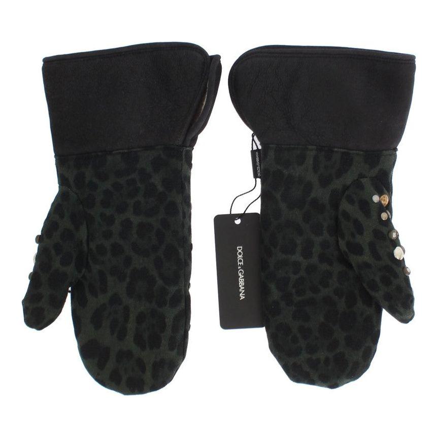 Dolce & Gabbana Gray Wool Shearling Studded Green Leopard Gloves 1728,67345645728,9|M,Accessories,Canvas cotton,Dolce & Gabbana,Gloves - Accessories,Gloves - Men - Accessories,Gray,Material: Wool Merino Shearling,Men,Men - Accessories,New with tags
