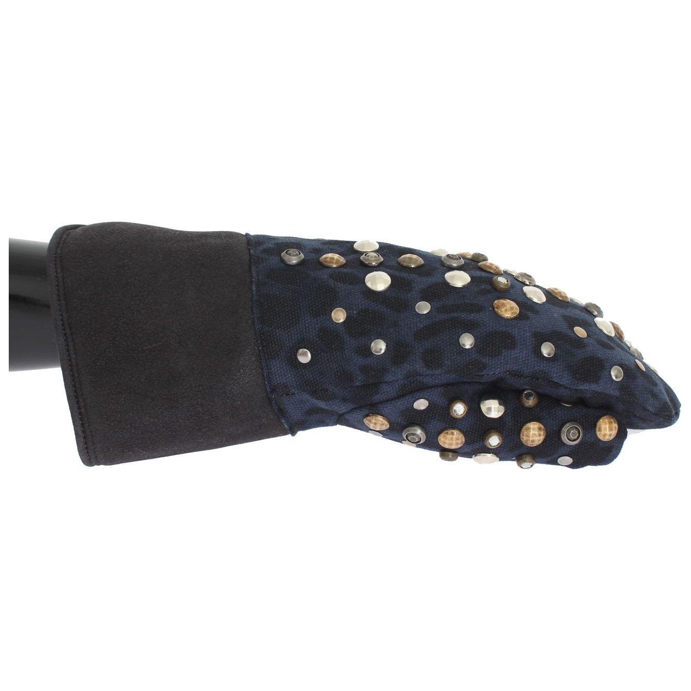 Dolce & Gabbana Gray Wool Shearling Studded Blue Leopard Gloves 1728,67345645728,9|M,Accessories,Canvas cotton,Dolce & Gabbana,Gloves - Accessories,Gloves - Men - Accessories,Gray,Material: Wool Merino Shearling,Men,Men - Accessories,New with tags