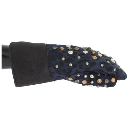 Dolce & Gabbana Gray Wool Shearling Studded Blue Leopard Gloves 1728,67345645728,9|M,Accessories,Canvas cotton,Dolce & Gabbana,Gloves - Accessories,Gloves - Men - Accessories,Gray,Material: Wool Merino Shearling,Men,Men - Accessories,New with tags