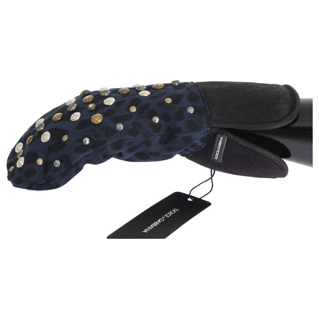 Dolce & Gabbana Gray Wool Shearling Studded Blue Leopard Gloves 1728,67345645728,9|M,Accessories,Canvas cotton,Dolce & Gabbana,Gloves - Accessories,Gloves - Men - Accessories,Gray,Material: Wool Merino Shearling,Men,Men - Accessories,New with tags