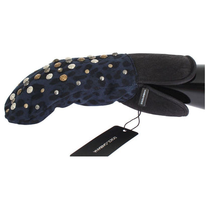 Dolce & Gabbana Gray Wool Shearling Studded Blue Leopard Gloves 1728,67345645728,9|M,Accessories,Canvas cotton,Dolce & Gabbana,Gloves - Accessories,Gloves - Men - Accessories,Gray,Material: Wool Merino Shearling,Men,Men - Accessories,New with tags