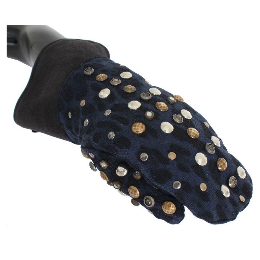 Dolce & Gabbana Gray Wool Shearling Studded Blue Leopard Gloves 1728,67345645728,9|M,Accessories,Canvas cotton,Dolce & Gabbana,Gloves - Accessories,Gloves - Men - Accessories,Gray,Material: Wool Merino Shearling,Men,Men - Accessories,New with tags
