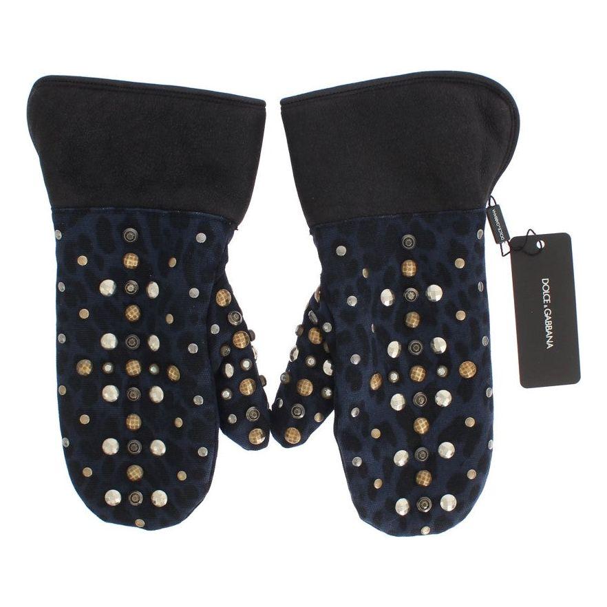 Dolce & Gabbana Gray Wool Shearling Studded Blue Leopard Gloves 1728,67345645728,9|M,Accessories,Canvas cotton,Dolce & Gabbana,Gloves - Accessories,Gloves - Men - Accessories,Gray,Material: Wool Merino Shearling,Men,Men - Accessories,New with tags