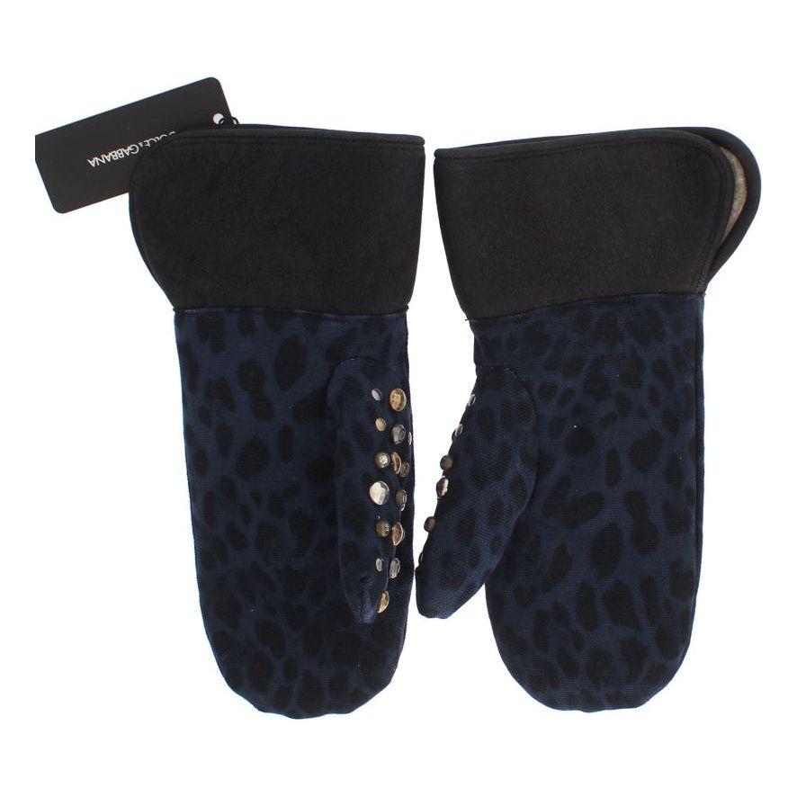 Dolce & Gabbana Gray Wool Shearling Studded Blue Leopard Gloves 1728,67345645728,9|M,Accessories,Canvas cotton,Dolce & Gabbana,Gloves - Accessories,Gloves - Men - Accessories,Gray,Material: Wool Merino Shearling,Men,Men - Accessories,New with tags
