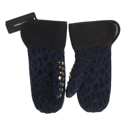 Dolce & Gabbana Gray Wool Shearling Studded Blue Leopard Gloves 1728,67345645728,9|M,Accessories,Canvas cotton,Dolce & Gabbana,Gloves - Accessories,Gloves - Men - Accessories,Gray,Material: Wool Merino Shearling,Men,Men - Accessories,New with tags