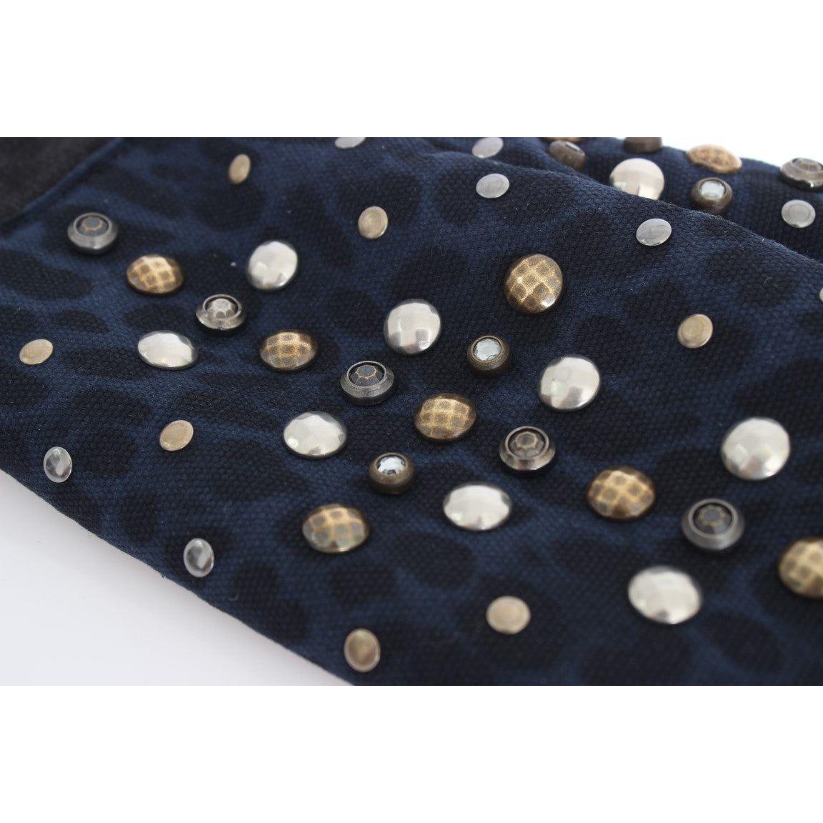 Dolce & Gabbana Gray Wool Shearling Studded Blue Leopard Gloves 1728,67345645728,9|M,Accessories,Canvas cotton,Dolce & Gabbana,Gloves - Accessories,Gloves - Men - Accessories,Gray,Material: Wool Merino Shearling,Men,Men - Accessories,New with tags