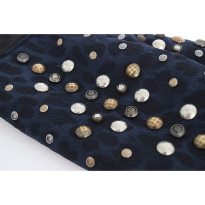 Dolce & Gabbana Gray Wool Shearling Studded Blue Leopard Gloves 1728,67345645728,9|M,Accessories,Canvas cotton,Dolce & Gabbana,Gloves - Accessories,Gloves - Men - Accessories,Gray,Material: Wool Merino Shearling,Men,Men - Accessories,New with tags